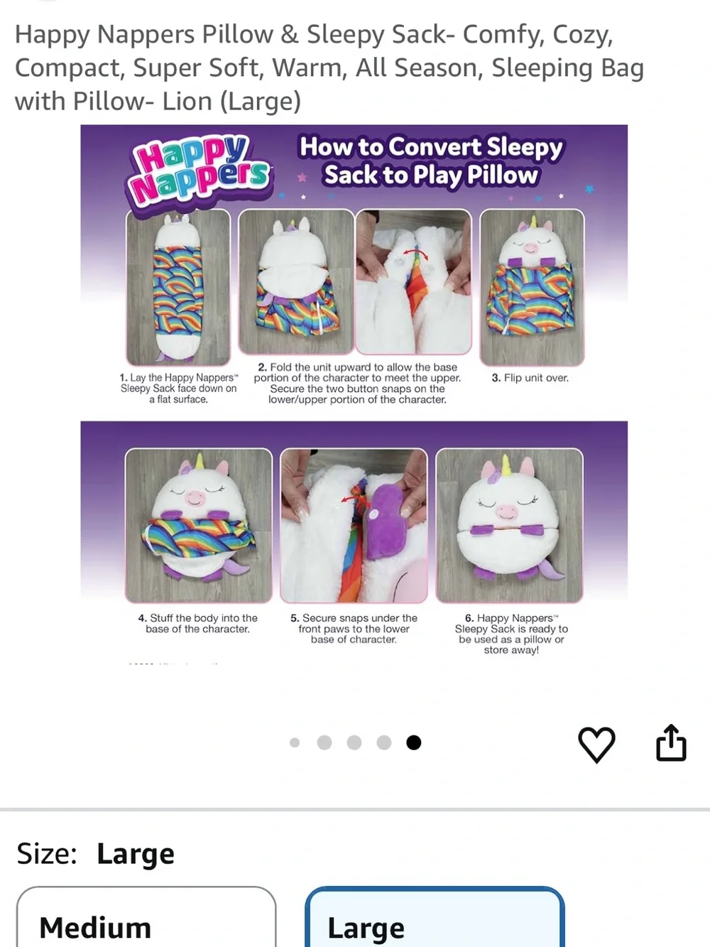 NEW Happy Nappers Pillow & Sleepy Sack Plush Kids Sleeping Bag w Pillow - Lion L